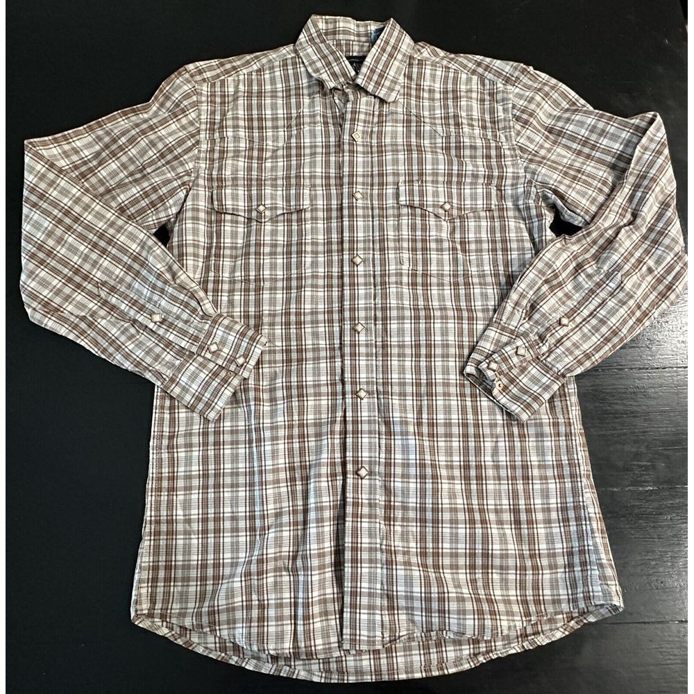 Classic Western Shirt Mens M Brown Rust Plaid Pearl Snap Cowboy Long Sleeve